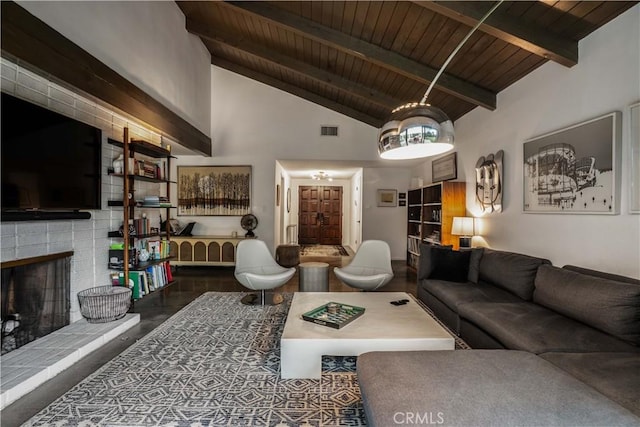 22335 Tiara St, Woodland Hills, CA 91367 - living area with visible vents, beamed ceiling, wood ceiling, a brick fireplace, and high vaulted ceiling