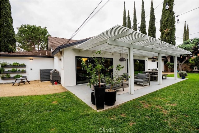 22335 Tiara St, Woodland Hills, CA 91367 - back of property featuring stucco siding, a pergola, a patio, and a lawn