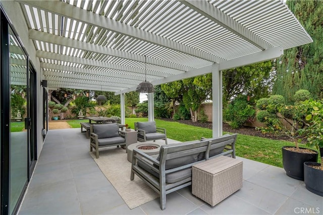 22335 Tiara St, Woodland Hills, CA 91367 - view of patio / terrace featuring a pergola, a fenced backyard, outdoor dining area, and an outdoor living space with a fire pit
