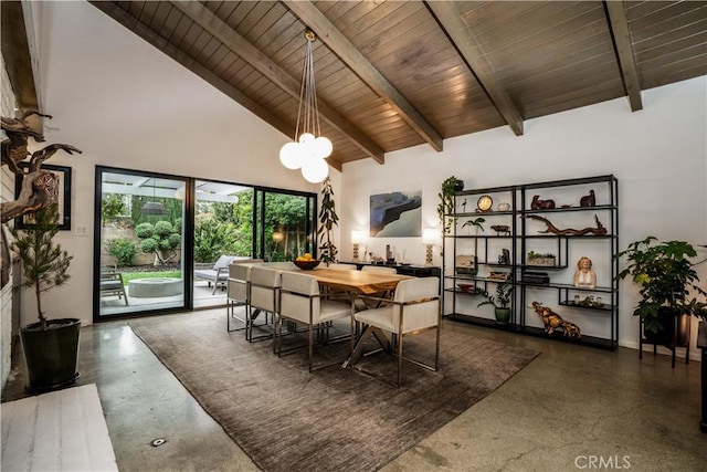 22335 Tiara St, Woodland Hills, CA 91367 - dining area with beamed ceiling, an inviting chandelier, high vaulted ceiling, and wooden ceiling