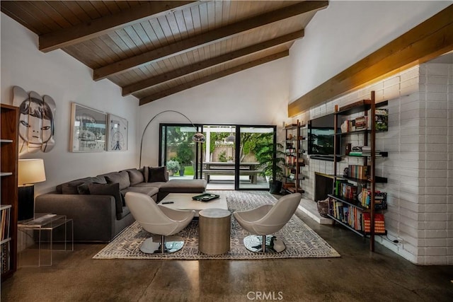 22335 Tiara St, Woodland Hills, CA 91367 - living room featuring wood ceiling, beam ceiling, and high vaulted ceiling