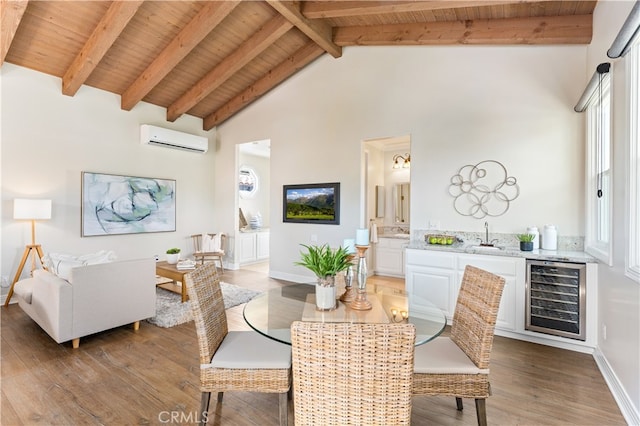 dining space with light wood-style floors, a wealth of natural light, a wall unit AC, wooden ceiling, and beverage cooler