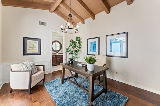 office featuring a notable chandelier, visible vents, wooden ceiling, and beam ceiling