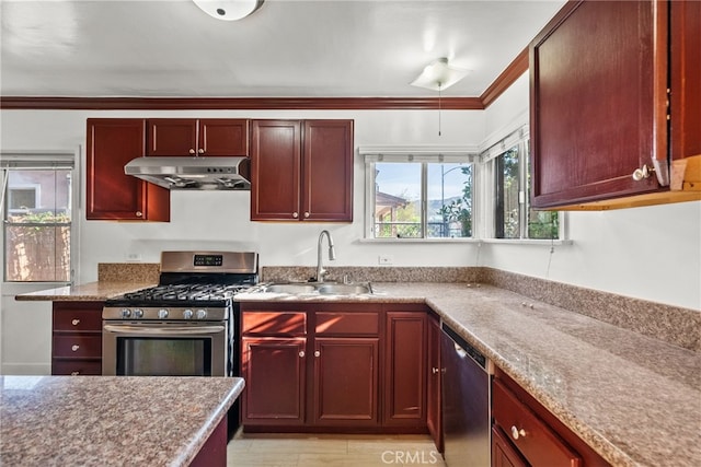 kitchen with crown molding, dark brown cabinets, under cabinet range hood, appliances with stainless steel finishes, and a sink