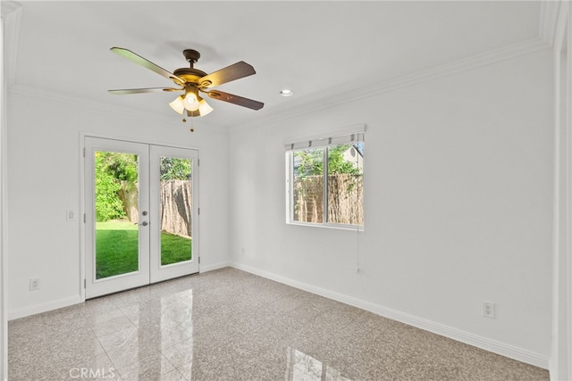 unfurnished room featuring crown molding, french doors, baseboards, and granite finish floor