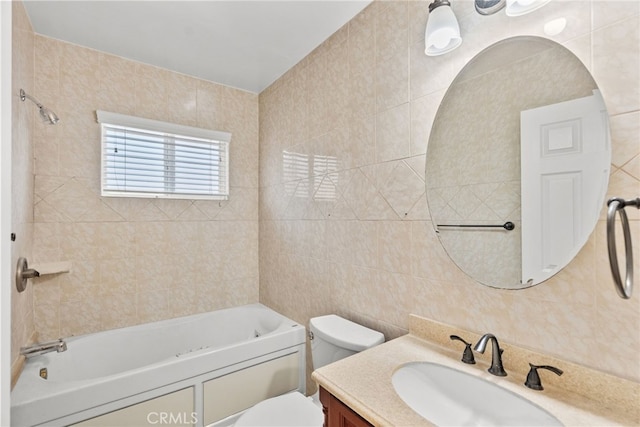 bathroom with toilet, vanity, shower / bathing tub combination, and tile walls