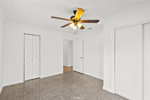 unfurnished bedroom with visible vents, baseboards, a closet, ornamental molding, and ceiling fan