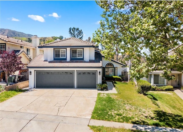 1212 Goldenview Dr, Corona, CA 92882 - view of front of house with a tile roof, stucco siding, driveway, a front lawn, and an attached garage