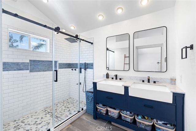 1212 Goldenview Dr, Corona, CA 92882 - full bathroom with a shower stall, double vanity, tile patterned floors, lofted ceiling, and recessed lighting