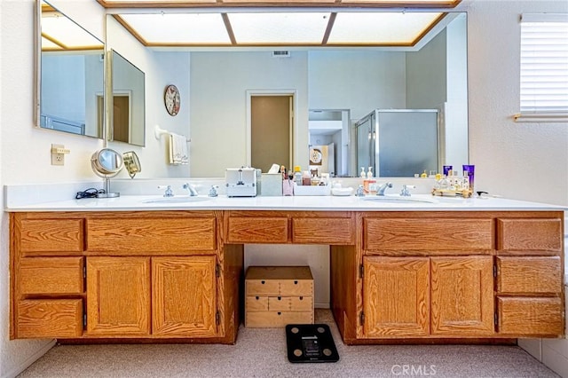 22933 Estoril Dr Unit 1, Diamond Bar, CA 91765 - full bathroom with a shower stall, double vanity, visible vents, and a sink