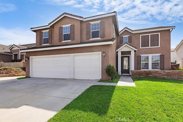 traditional-style home with concrete driveway, stucco siding, a front yard, a tile roof, and a garage