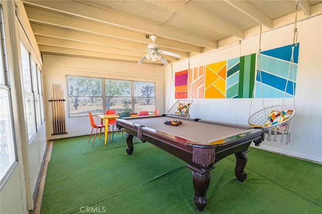 playroom with pool table, carpet flooring, beamed ceiling, and a ceiling fan