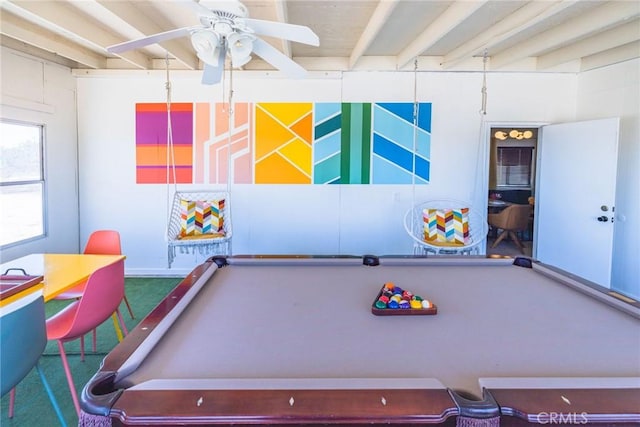 recreation room with a ceiling fan, beamed ceiling, and billiards