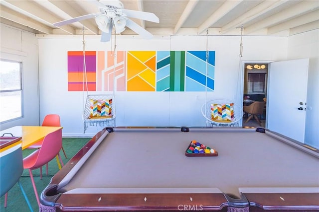 3667 Lucerne Vista Ave, Yucca Valley, CA 92284 - rec room featuring ceiling fan, billiards, beamed ceiling, and carpet floors
