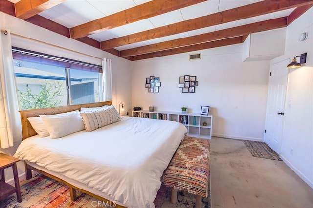 bedroom featuring carpet flooring, baseboards, beam ceiling, and visible vents