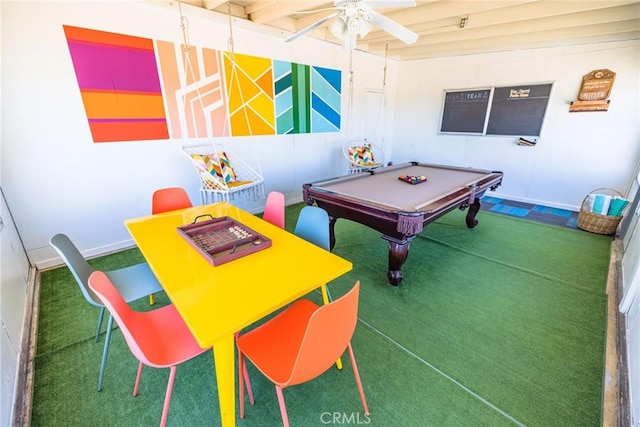 game room featuring pool table, a ceiling fan, and baseboards
