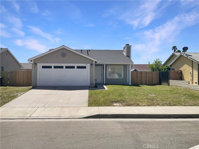 ranch-style home featuring a front yard, fence, a garage, and concrete driveway