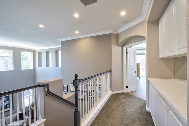 42291 Wildwood Ln, Murrieta, CA 92562 - corridor with crown molding, visible vents, an upstairs landing, and recessed lighting