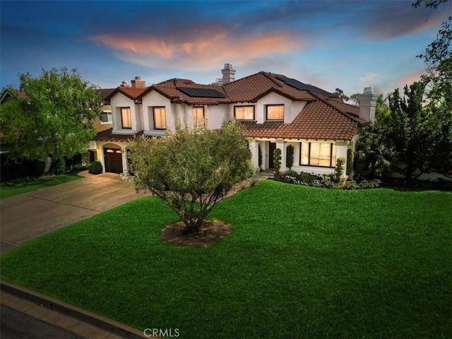 14043 Shepherd Dr, Rancho Cucamonga, CA 91739 - mediterranean / spanish home with a chimney, stucco siding, driveway, and a tiled roof