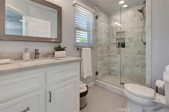 14043 Shepherd Dr, Rancho Cucamonga, CA 91739 - full bath featuring toilet, vanity, tile patterned flooring, and a shower stall