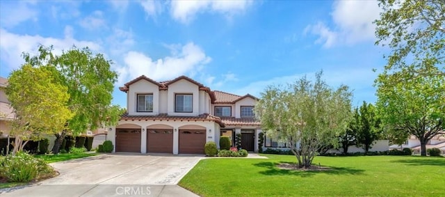 14043 Shepherd Dr, Rancho Cucamonga, CA 91739 - mediterranean / spanish home with a tiled roof, an attached garage, driveway, stucco siding, and a front yard
