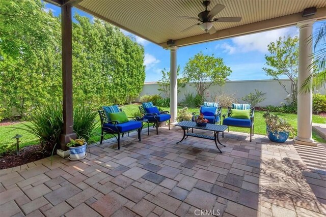 14043 Shepherd Dr, Rancho Cucamonga, CA 91739 - fenced backyard featuring ceiling fan, a patio area, and an outdoor hangout area