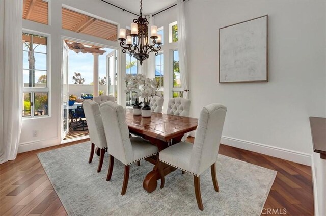 14043 Shepherd Dr, Rancho Cucamonga, CA 91739 - dining space with baseboards, a chandelier, and wood finished floors