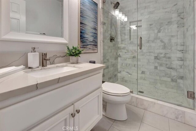 14043 Shepherd Dr, Rancho Cucamonga, CA 91739 - full bath with vanity, a stall shower, toilet, and tile patterned floors