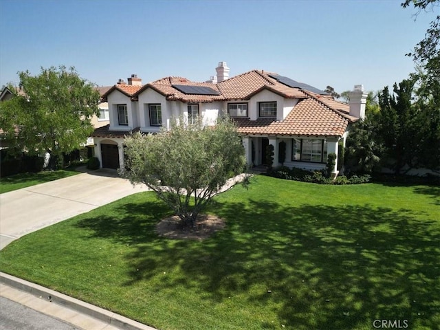 14043 Shepherd Dr, Rancho Cucamonga, CA 91739 - mediterranean / spanish-style home featuring stucco siding, concrete driveway, an attached garage, and a chimney