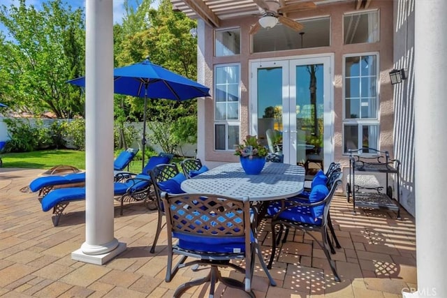 14043 Shepherd Dr, Rancho Cucamonga, CA 91739 - view of patio / terrace featuring ceiling fan, outdoor dining space, and french doors