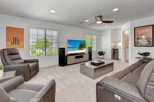 14043 Shepherd Dr, Rancho Cucamonga, CA 91739 - living area with light colored carpet, recessed lighting, and a ceiling fan