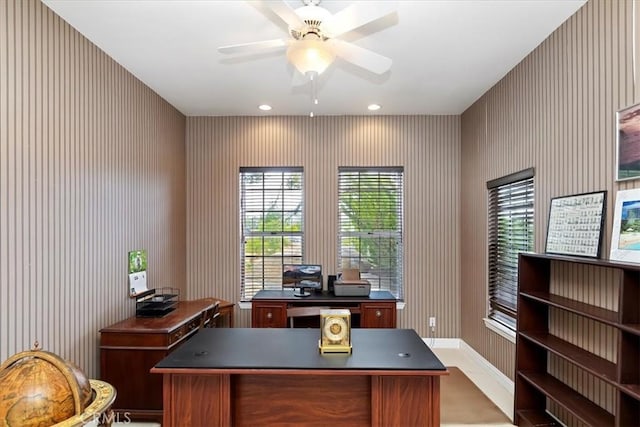 office with recessed lighting, baseboards, wallpapered walls, and a ceiling fan