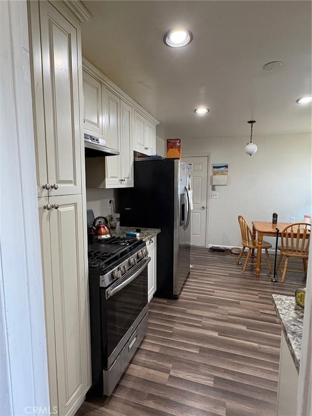 3670 Upper Terrace Dr, Riverside, CA 92505 - kitchen featuring appliances with stainless steel finishes, under cabinet range hood, dark wood finished floors, recessed lighting, and white cabinets