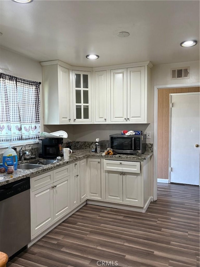 3670 Upper Terrace Dr, Riverside, CA 92505 - kitchen featuring appliances with stainless steel finishes, a sink, white cabinets, dark wood-type flooring, and recessed lighting