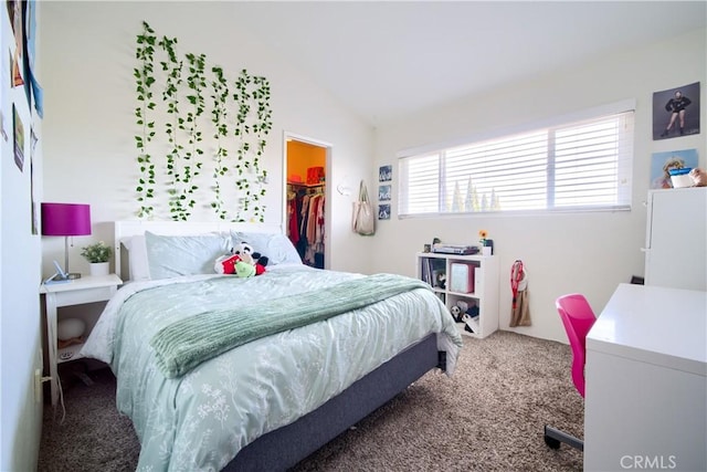 bedroom featuring a closet, a walk in closet, carpet flooring, and lofted ceiling