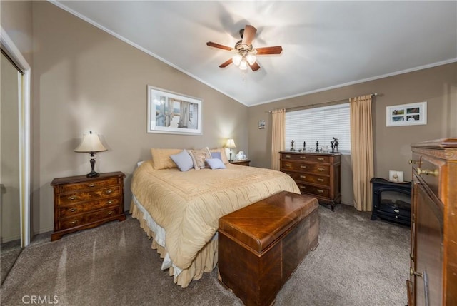 carpeted bedroom with crown molding, a wood stove, a closet, a ceiling fan, and lofted ceiling