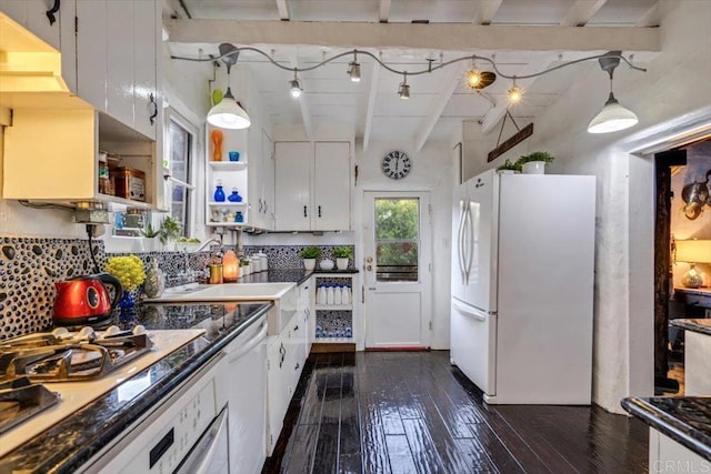 4210 Black Mountain Rd, La Mesa, CA 91941 - kitchen featuring freestanding refrigerator, beam ceiling, white cabinetry, dark wood finished floors, and open shelves