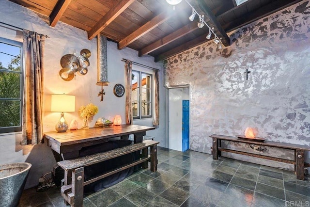 4210 Black Mountain Rd, La Mesa, CA 91941 - corridor featuring a wooden ceiling with exposed beams and track lighting