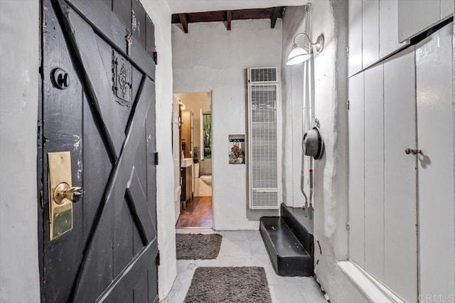 4210 Black Mountain Rd, La Mesa, CA 91941 - mudroom featuring a heating unit, beam ceiling, and light tile patterned flooring