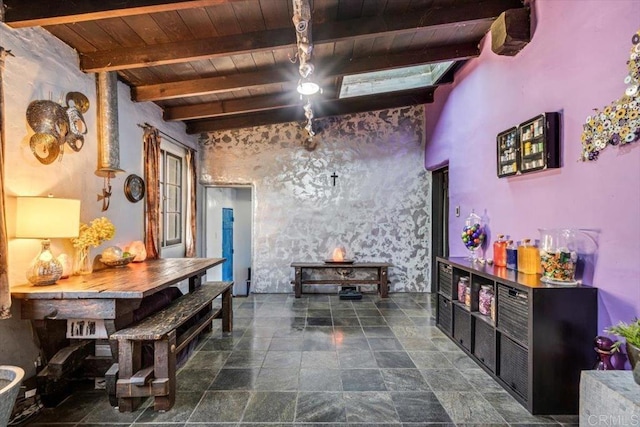 4210 Black Mountain Rd, La Mesa, CA 91941 - hallway featuring a wood ceiling with exposed beams and stone finish flooring