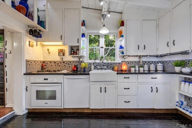 4210 Black Mountain Rd, La Mesa, CA 91941 - kitchen with white appliances, open shelves, dark countertops, white cabinetry, and beamed ceiling