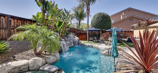 view of pool with a fenced backyard and a fenced in pool