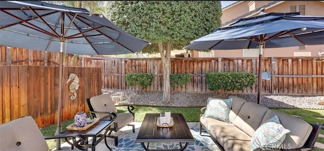 view of patio / terrace with an outdoor living space and a fenced backyard