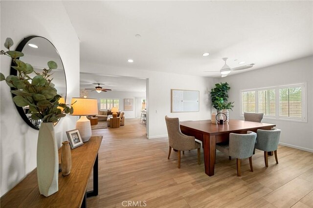 73992 Van Gogh Dr, Palm Desert, CA 92211 - dining room featuring ceiling fan, light wood-type flooring, recessed lighting, and baseboards