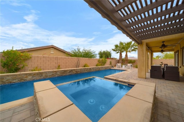 73992 Van Gogh Dr, Palm Desert, CA 92211 - view of swimming pool featuring a fenced backyard, an in-ground hot tub, a patio area, and ceiling fan