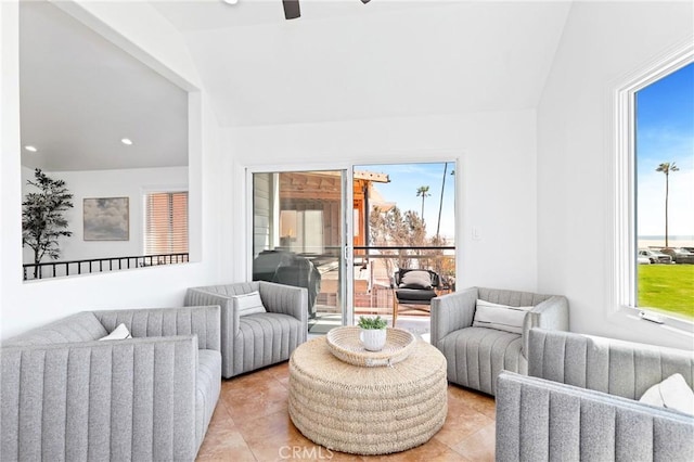 916 E Oceanfront, Newport Beach, CA 92661 - living area featuring lofted ceiling, ceiling fan, and light tile patterned floors