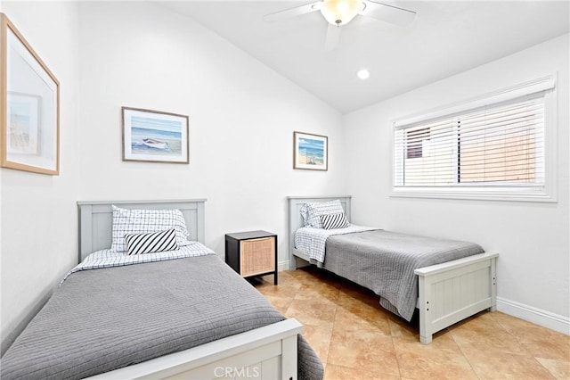 916 E Oceanfront, Newport Beach, CA 92661 - bedroom with vaulted ceiling, light tile patterned flooring, and ceiling fan