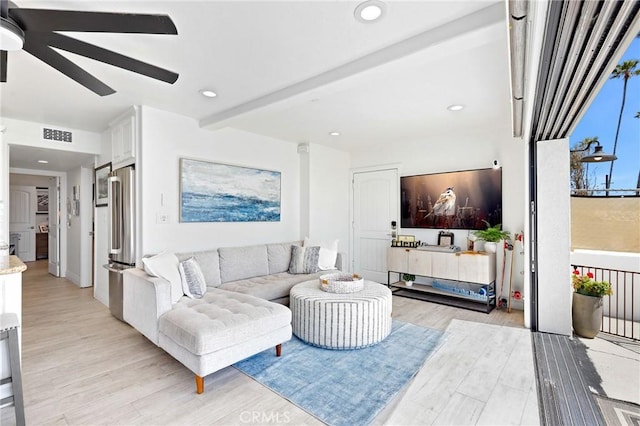 916 E Oceanfront, Newport Beach, CA 92661 - living room featuring light wood finished floors, ceiling fan, and recessed lighting