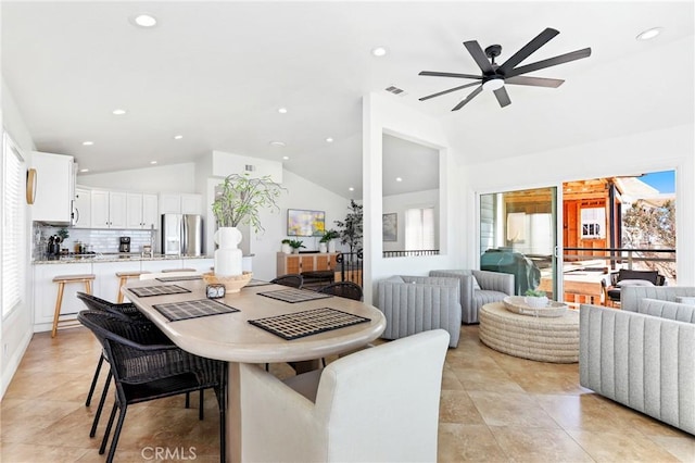 916 E Oceanfront, Newport Beach, CA 92661 - dining space with lofted ceiling, a ceiling fan, recessed lighting, and light tile patterned floors