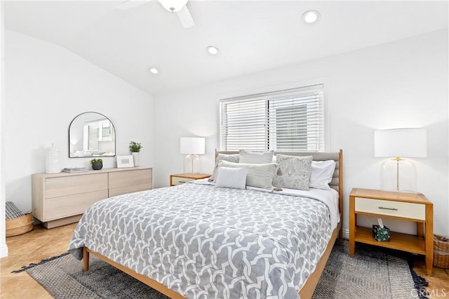 bedroom featuring ceiling fan, multiple windows, vaulted ceiling, and recessed lighting